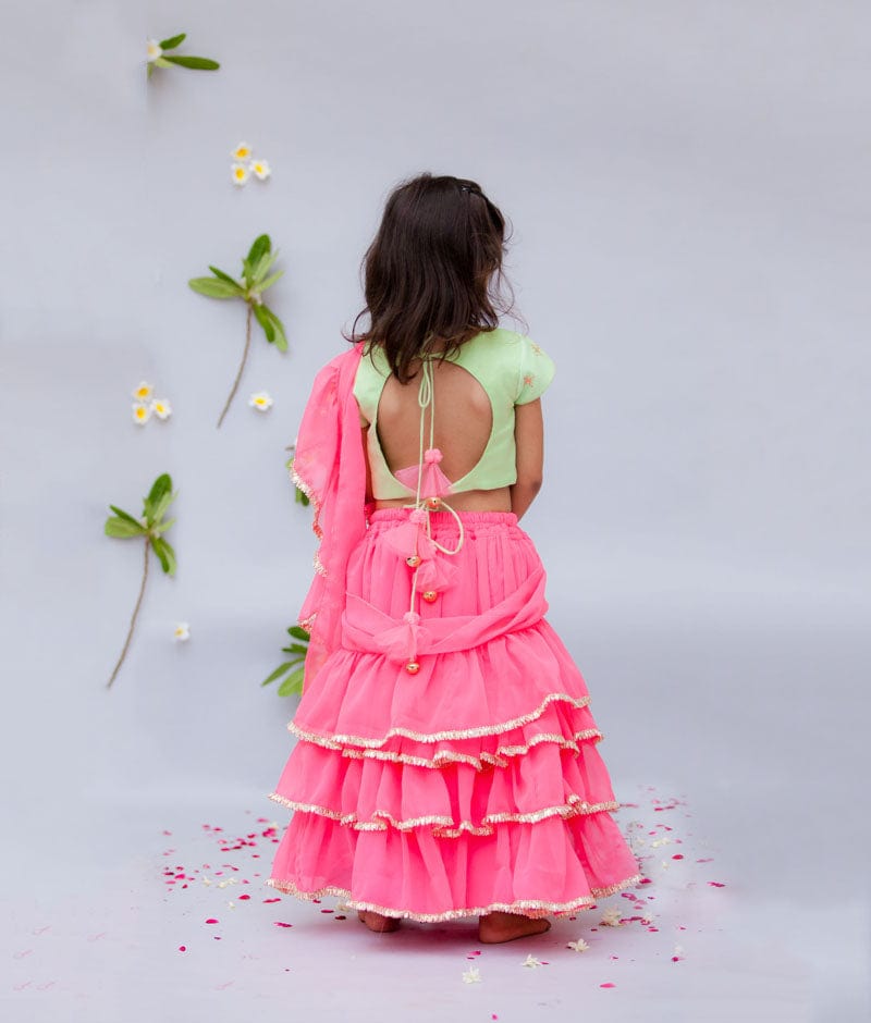 Green Embroidery Pink Georgette Saree for Girls