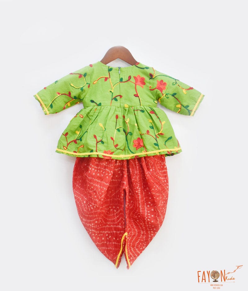 Fayon Kids Green Embroidery Red Printed Dhoti Set for Girls