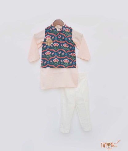 Fayon Kids Green Floral Printed Jacket with Peach Kurta Pant for Boys