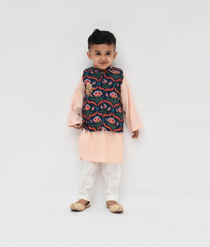 Fayon Kids Green Floral Printed Jacket with Peach Kurta Pant for Boys