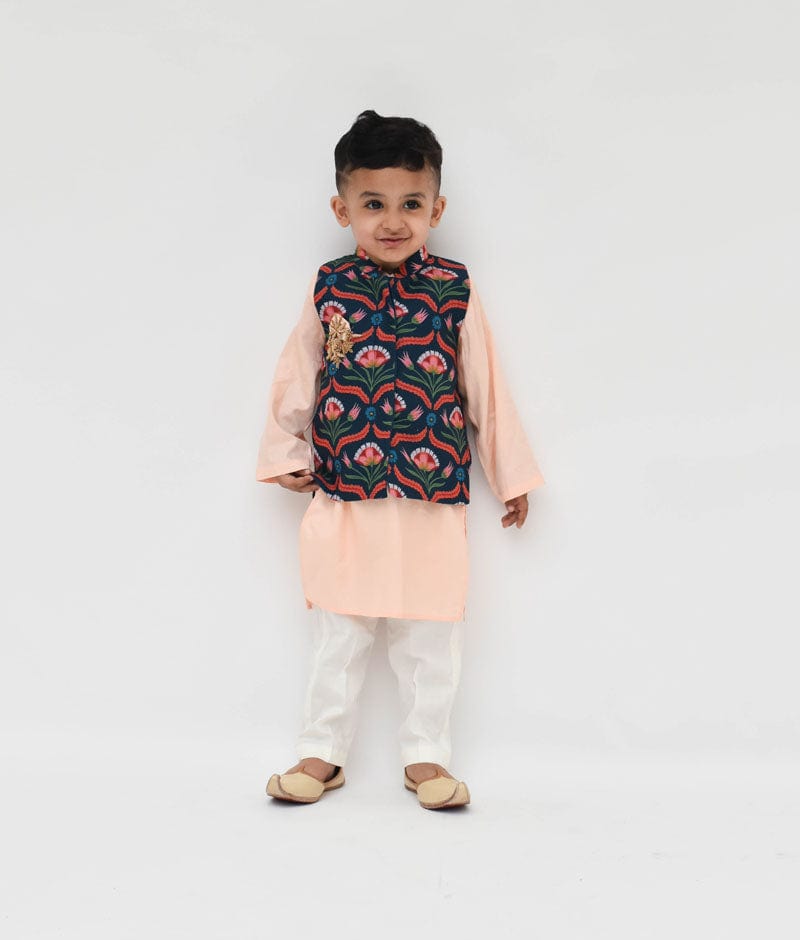Buy Green Floral Printed Jacket with Peach Kurta Pant for Boys