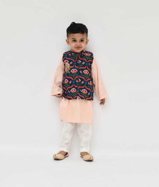 Buy Green Floral Printed Jacket with Peach Kurta Pant for Boys