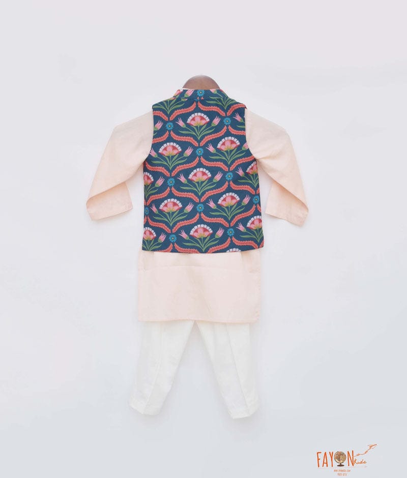 Buy Green Floral Printed Jacket with Peach Kurta Pant for Boys