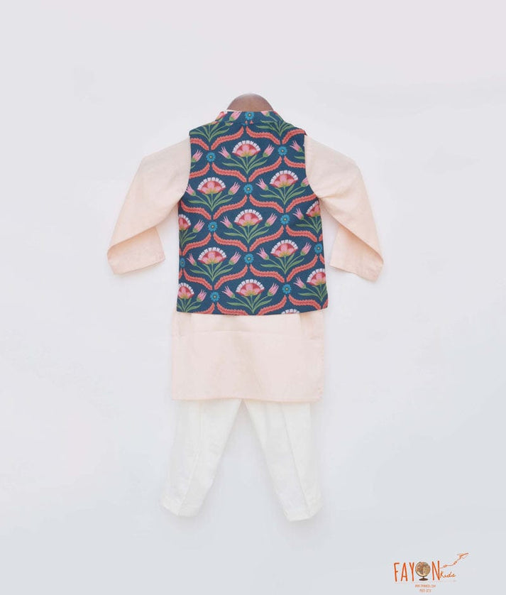 Buy Green Floral Printed Jacket with Peach Kurta Pant for Boys