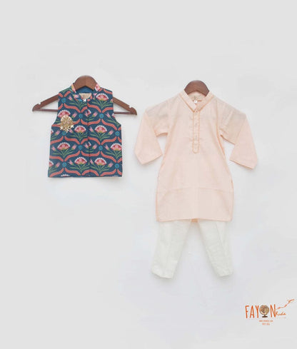 Fayon Kids Green Floral Printed Jacket with Peach Kurta Pant for Boys