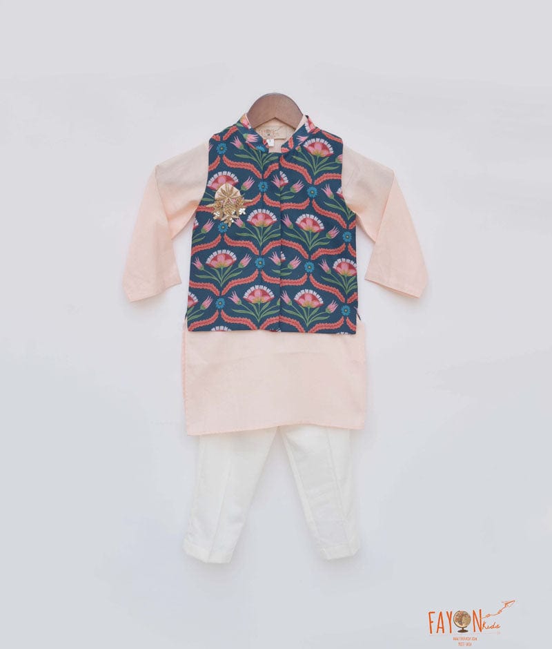 Fayon Kids Green Floral Printed Jacket with Peach Kurta Pant for Boys