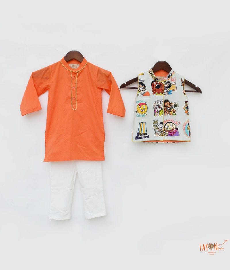 Green Funky Print Nehru Jacket with Orange Kurta Pant for Boys