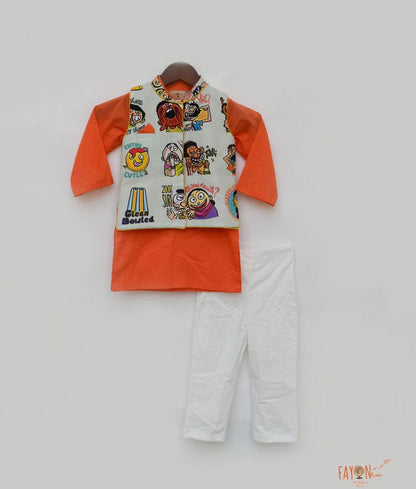 Fayon Kids Green Funky Print Nehru Jacket with Orange Kurta Pant for Boys