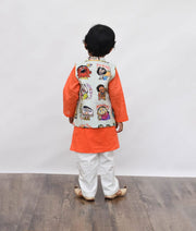 Green Funky Print Nehru Jacket with Orange Kurta Pant for Boys