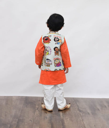 Fayon Kids Green Funky Print Nehru Jacket with Orange Kurta Pant for Boys