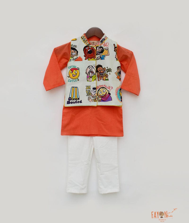 Green Funky Print Nehru Jacket with Orange Kurta Pant for Boys