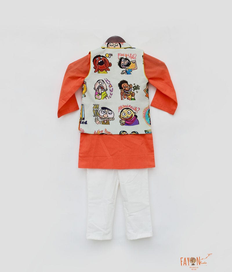 Green Funky Print Nehru Jacket with Orange Kurta Pant for Boys