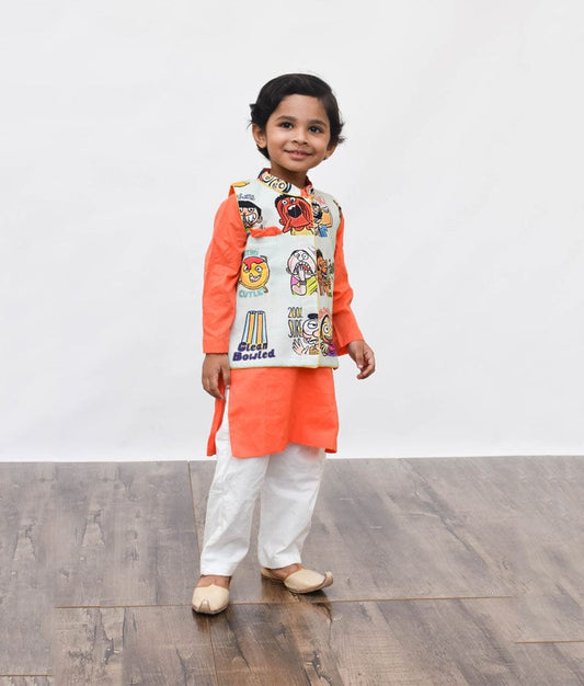 Green Funky Print Nehru Jacket with Orange Kurta Pant for Boys