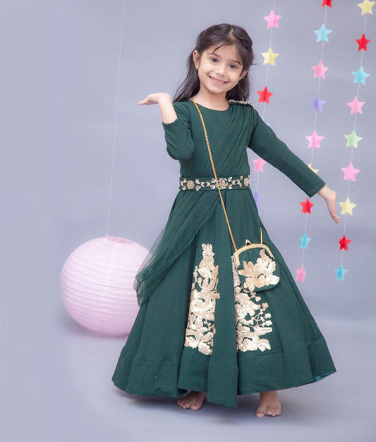 Fayon Kids Green Georgette Anarkali with Net Dupatta for Girls