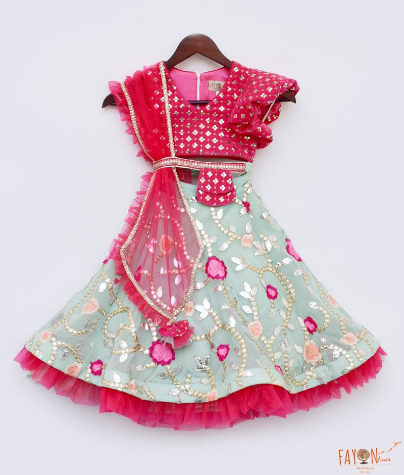 Fayon Kids Green Georgette Embroidery Lehenga Pink Velvet Choli Net Dupatta for Girls