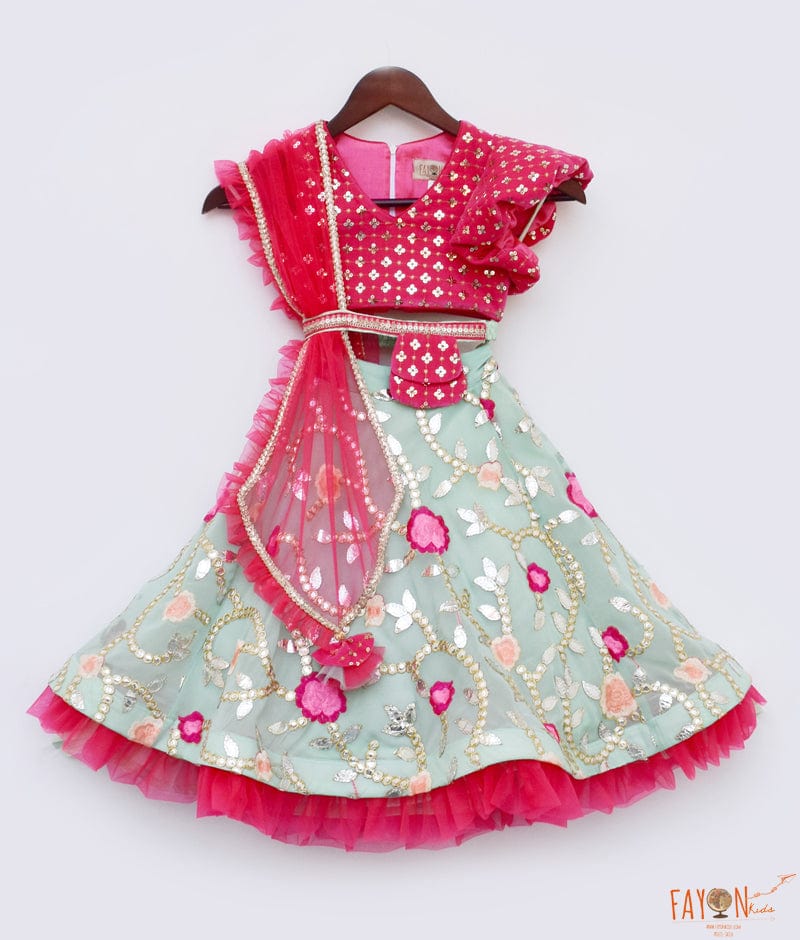 Green Georgette Embroidery Lehenga Pink Velvet Choli Net Dupatta for Girls
