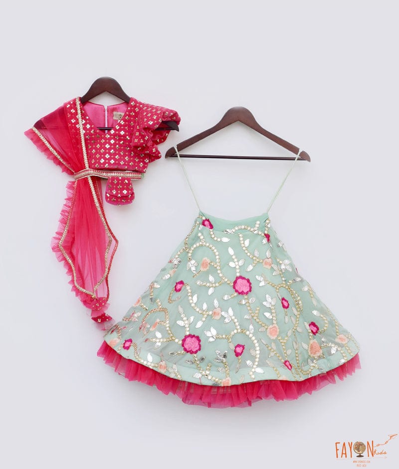 Green Georgette Embroidery Lehenga Pink Velvet Choli Net Dupatta for Girls