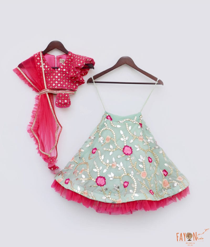 Fayon Kids Green Georgette Embroidery Lehenga Pink Velvet Choli Net Dupatta for Girls