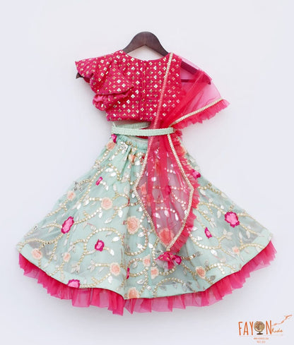 Fayon Kids Green Georgette Embroidery Lehenga Pink Velvet Choli Net Dupatta for Girls