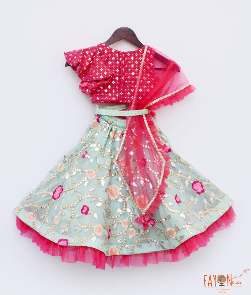 Green Georgette Embroidery Lehenga Pink Velvet Choli Net Dupatta for Girls