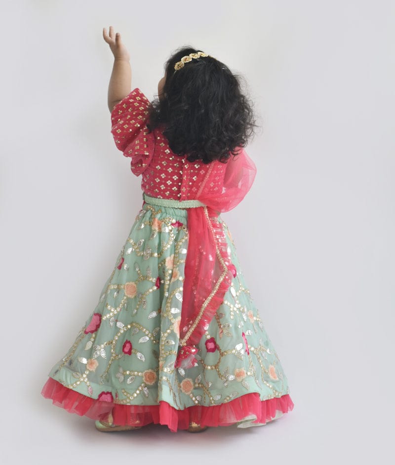 Green Georgette Embroidery Lehenga Pink Velvet Choli Net Dupatta for Girls