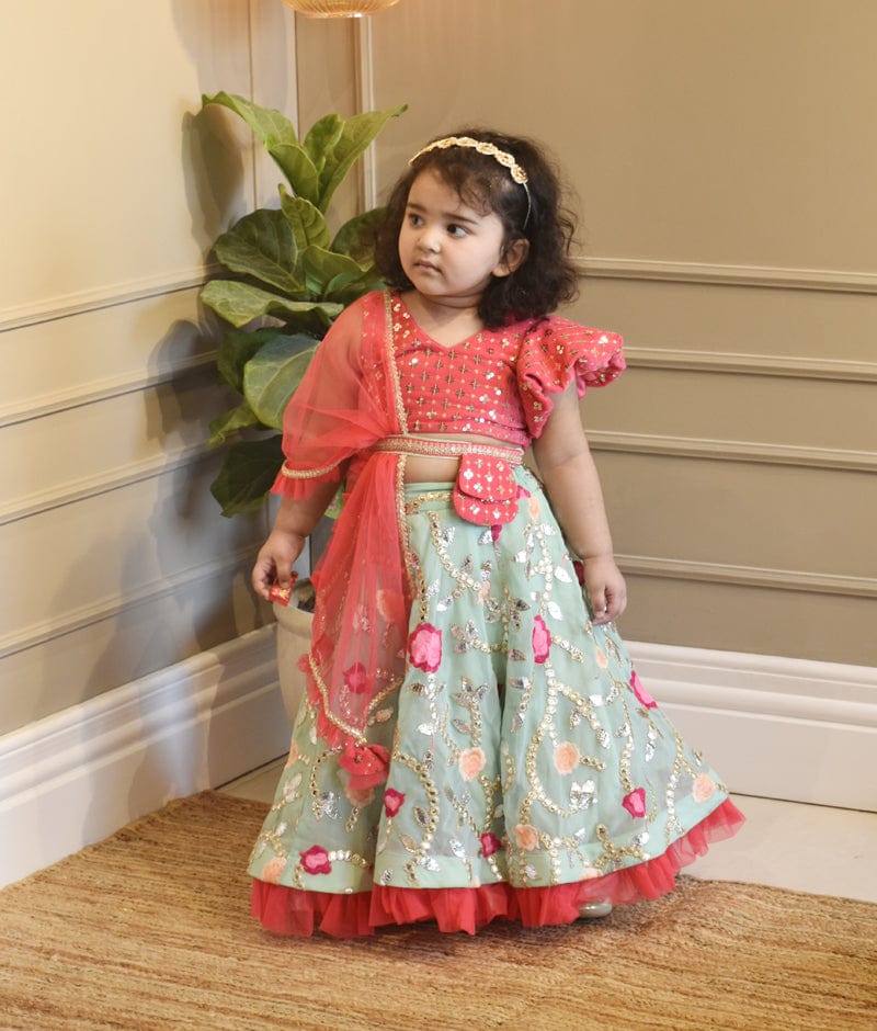 Green Georgette Embroidery Lehenga Pink Velvet Choli Net Dupatta for Girls