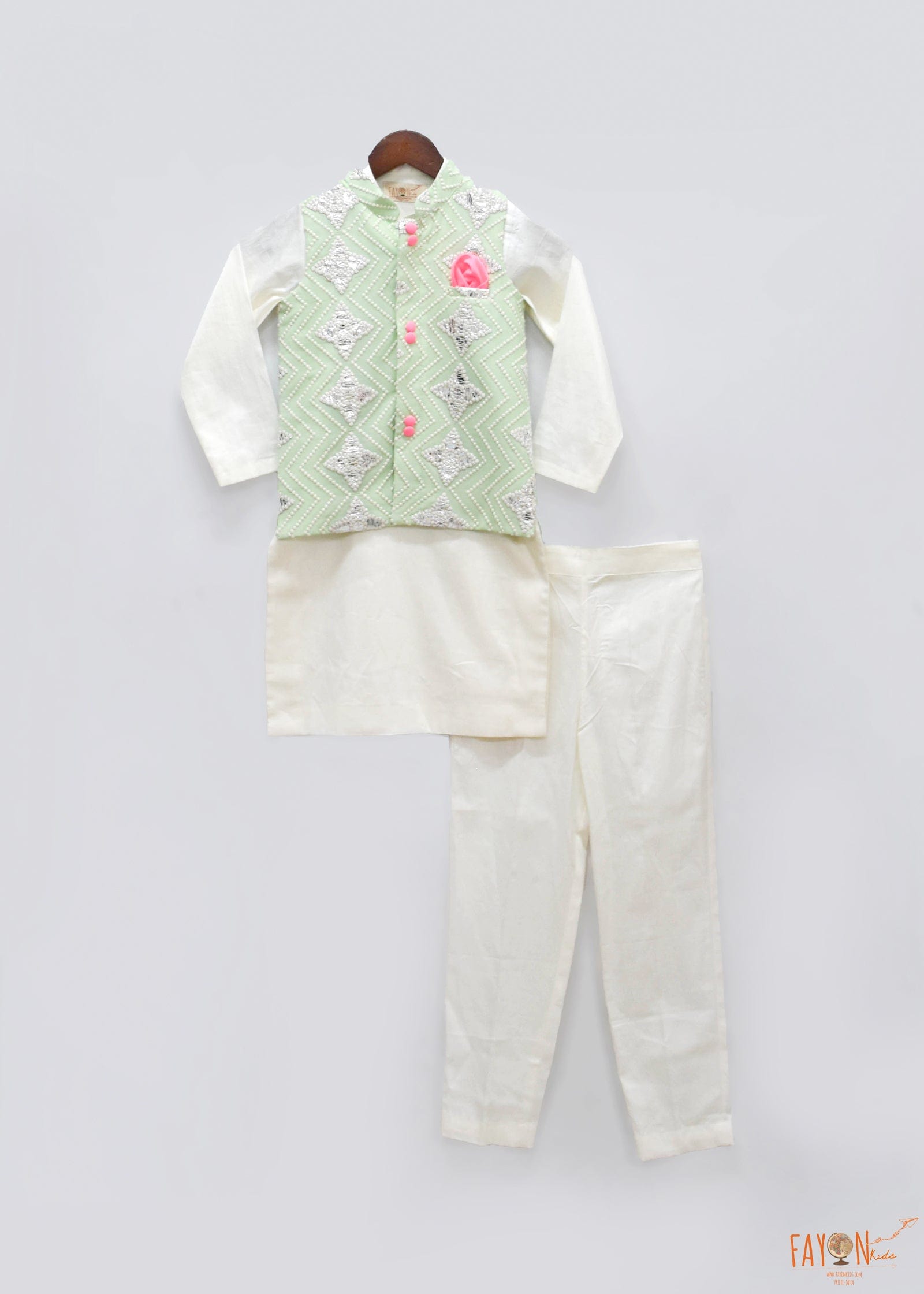 Green Gota Embroidery Nehru Jacket Kurta Pant for Boys