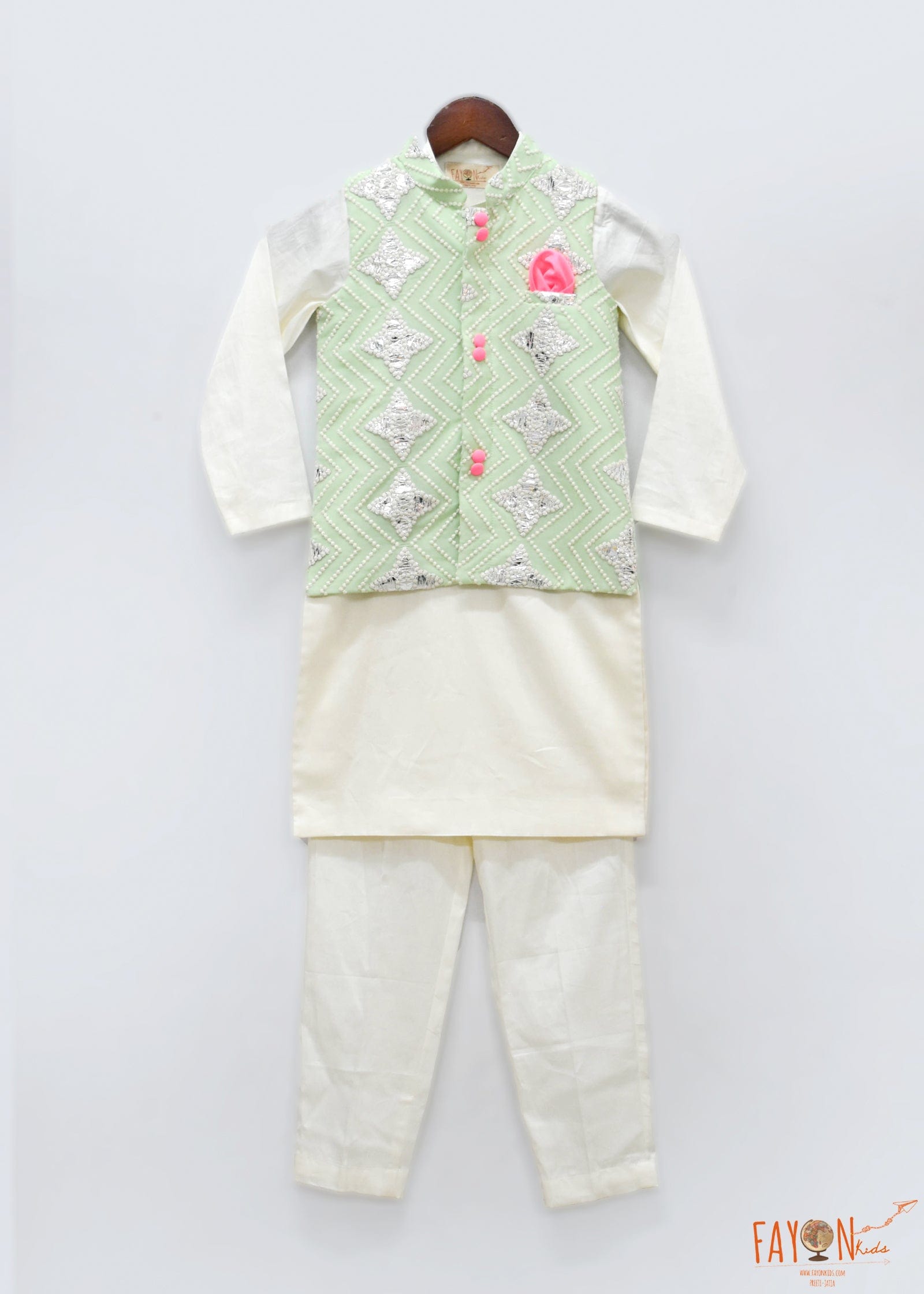 Fayon Kids Green Gota Embroidery Nehru Jacket Kurta Pant for Boys