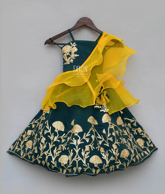 Green Gota Lehenga with Choli Yellow Organza Dupatta for Girls