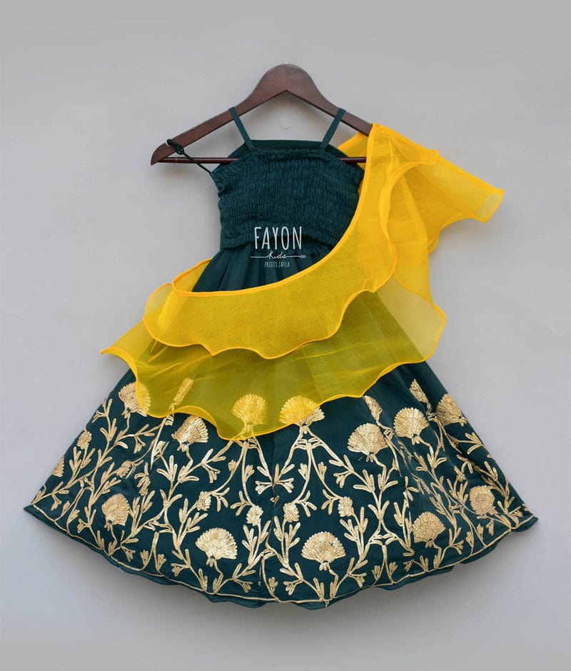 Green Gota Lehenga with Choli Yellow Organza Dupatta for Girls