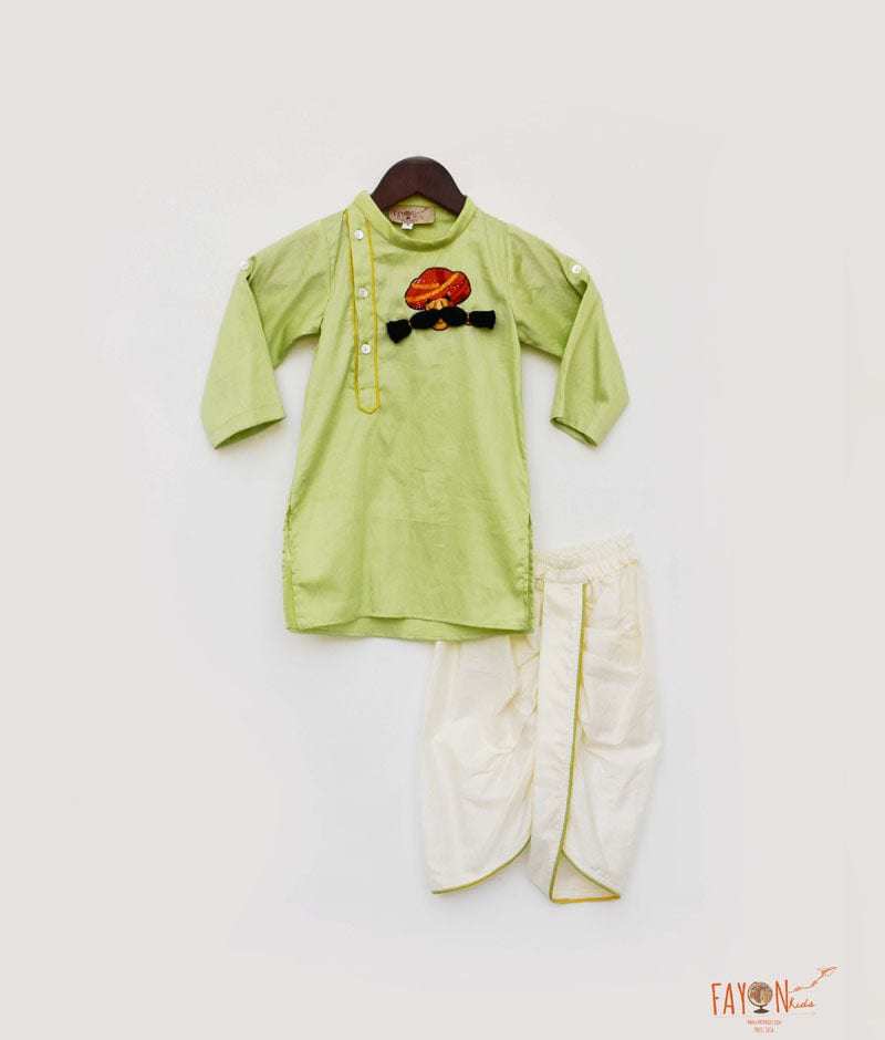 Fayon Kids Green Kurta with Off White Dhoti for Boys