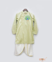 Green Kurta with Peacock Motif Dhoti for Boys
