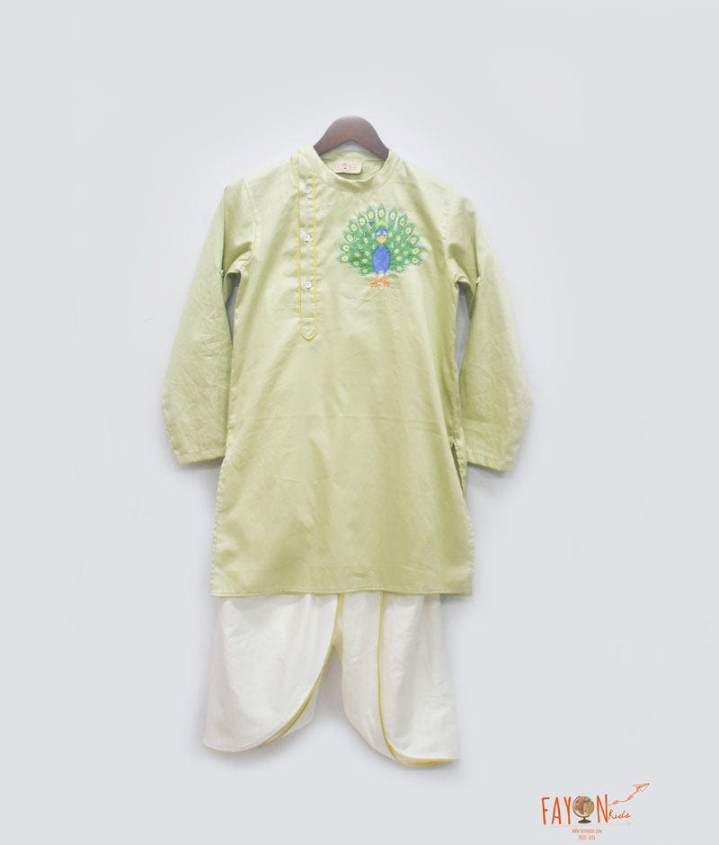 Green Kurta with Peacock Motif Dhoti for Boys