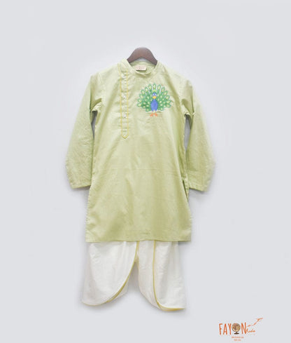 Green Kurta with Peacock Motif Dhoti for Boys