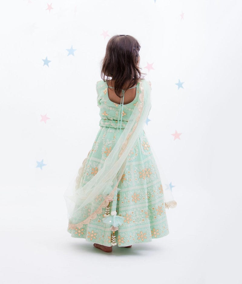 Green Lucknowi Anarkali with Net Dupatta for Girls