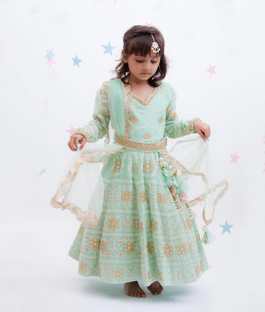 Green Lucknowi Anarkali with Net Dupatta for Girls