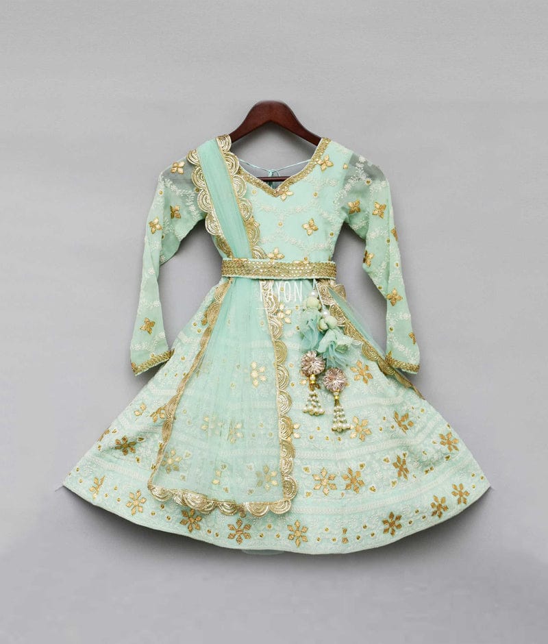 Green Lucknowi Anarkali with Net Dupatta for Girls