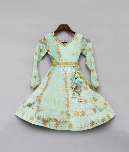 Green Lucknowi Anarkali with Net Dupatta for Girls