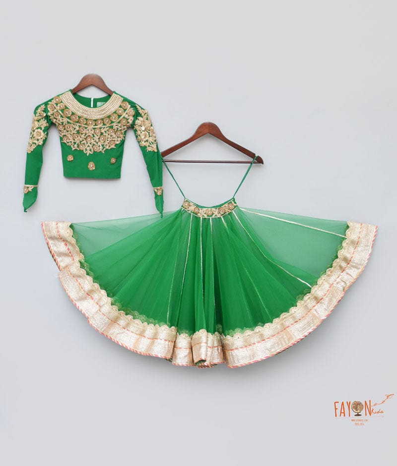 Fayon Kids Green Lycra Embroidery Lehenga with Top for Girls
