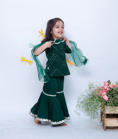 Fayon Kids Green Mirror and Thread Sharara with Kurti Net Dupatta for Girls