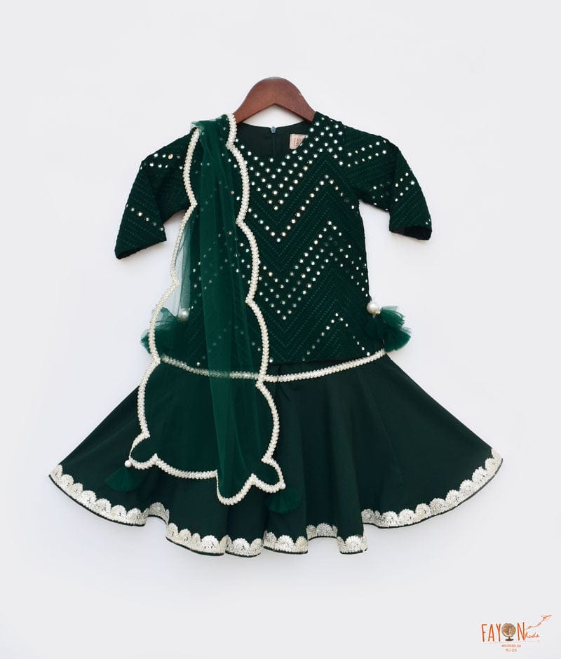 Green Mirror and Thread Sharara with Kurti Net Dupatta for Girls
