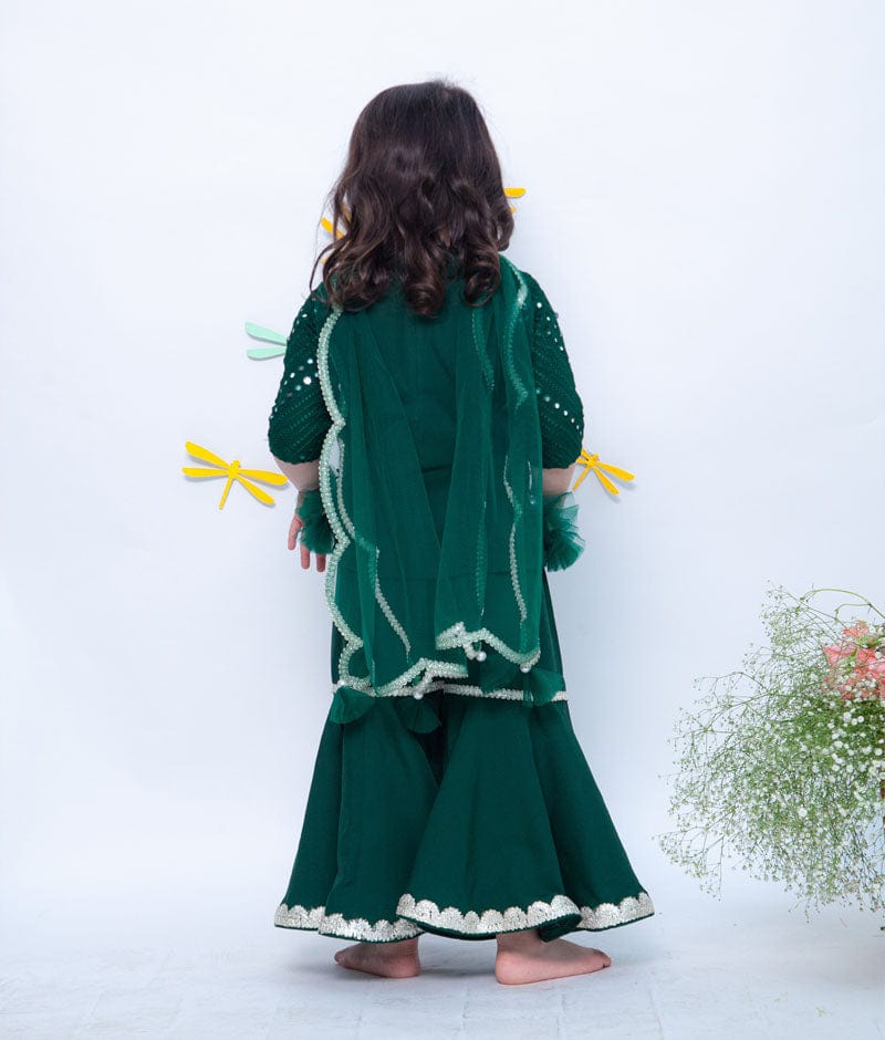 Green Mirror and Thread Sharara with Kurti Net Dupatta for Girls