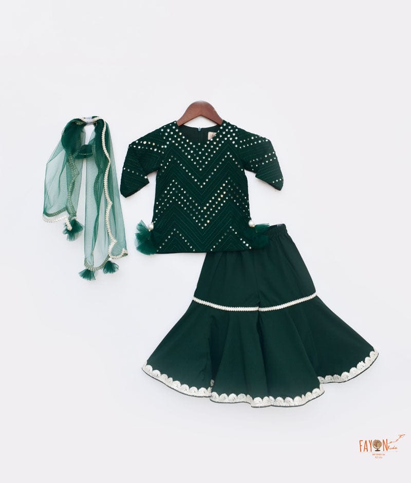 Green Mirror and Thread Sharara with Kurti Net Dupatta for Girls