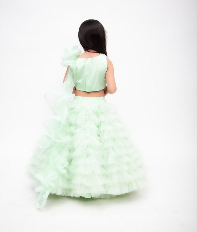 Green Net Lehenga with Ruffle Choli for Girls