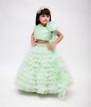 Green Net Lehenga with Ruffle Choli for Girls