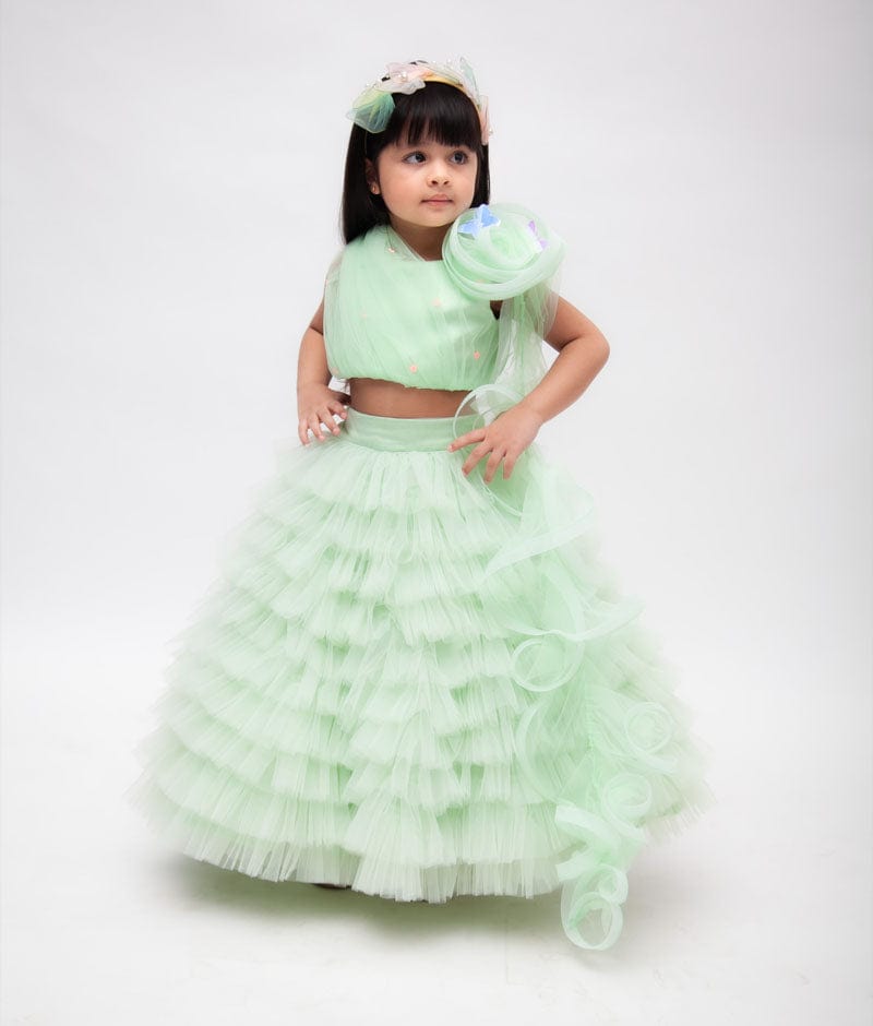 Green Net Lehenga with Ruffle Choli for Girls