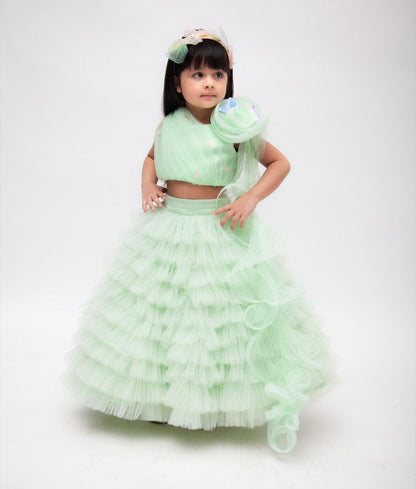 Green Net Lehenga with Ruffle Choli for Girls