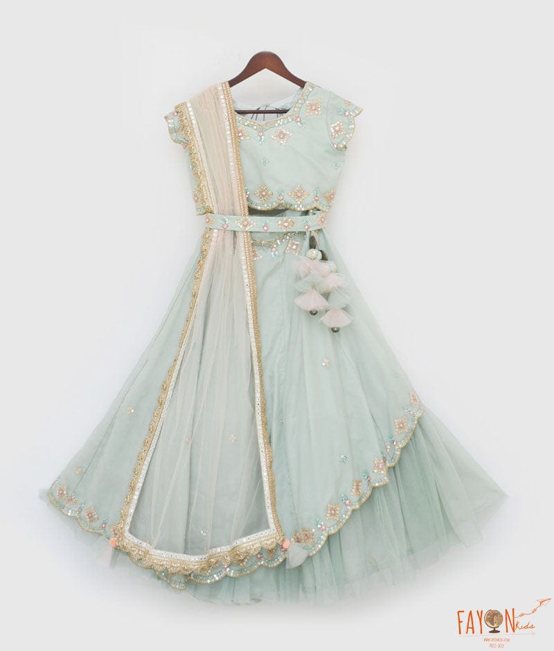 Green Organza Lehenga Choli and Peach Dupatta for Girls