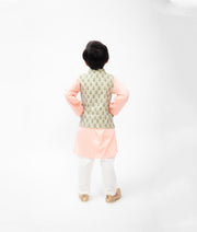 Green Printed Jacket with Peach Kurta Off White Pant for Boys