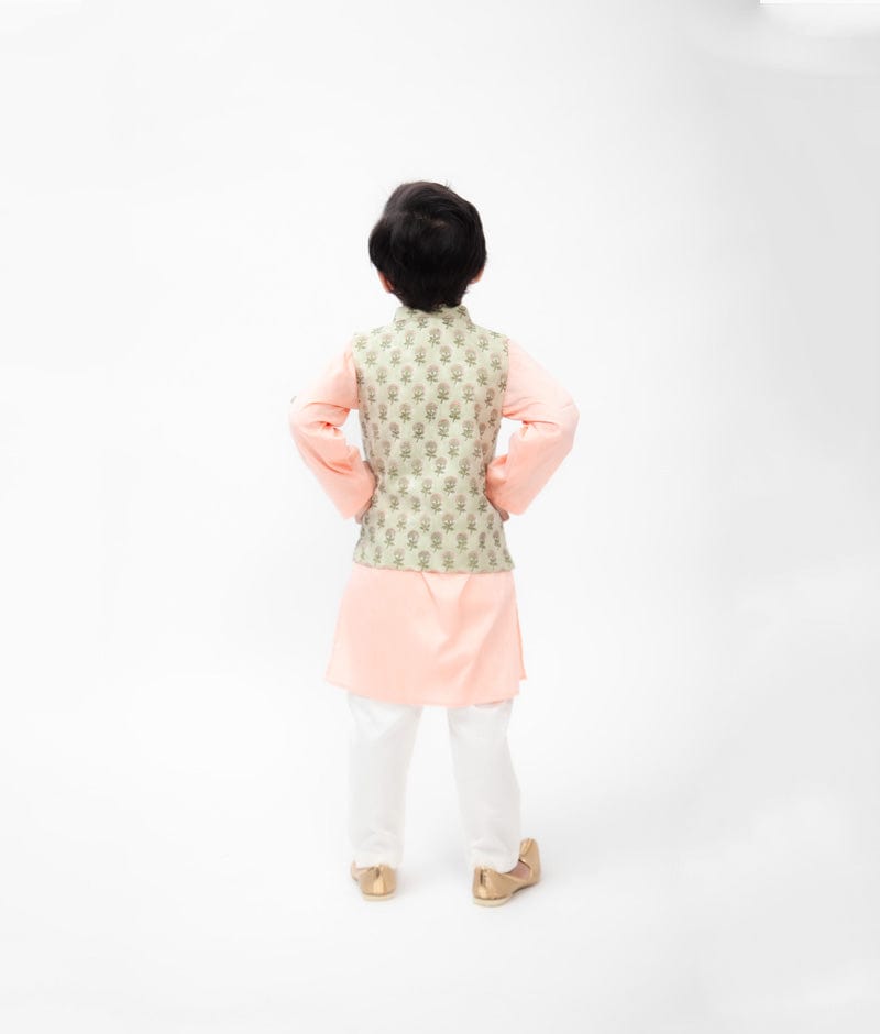 Green Printed Jacket with Peach Kurta Off White Pant for Boys